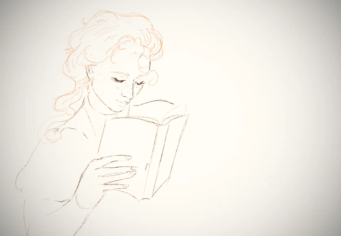 Line illustration of a woman reading a book